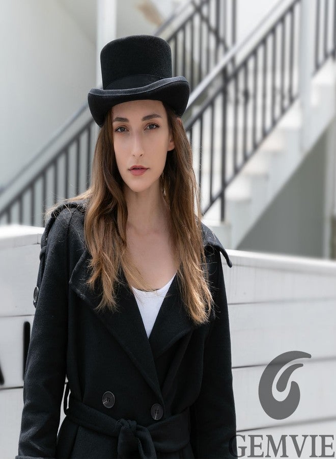 GEMVIE Men 100% Wool Top Hat Mad Hatter Satin Lined Black Low Top Hats for Party - Image 3